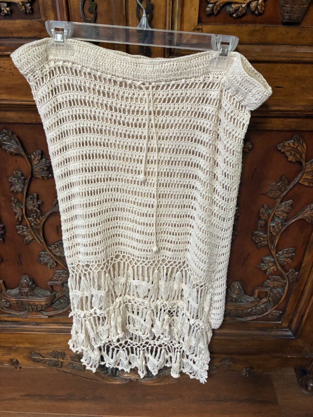 Boston Proper Tan High Low Crochet Fringe Midi Skirt Med Y2K Boho Cottagecore